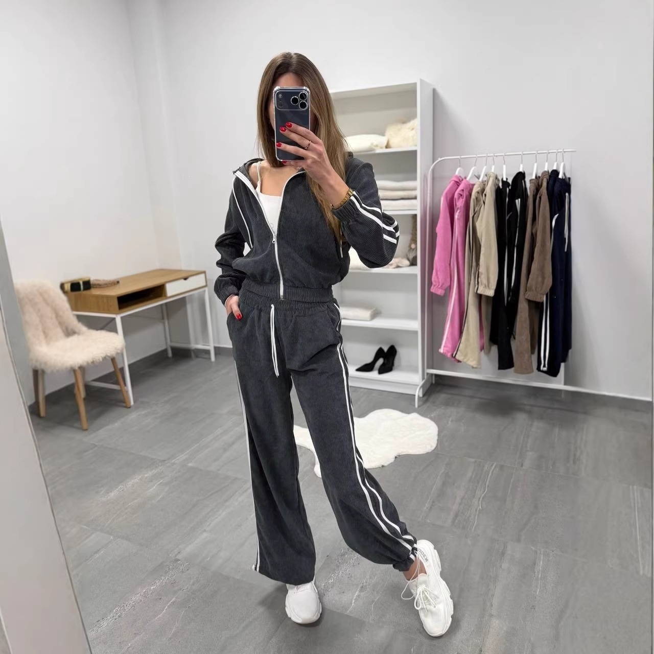 Women's Striped Two-Piece Set Long Sleeve Zip Hooded Cardigan and Pants