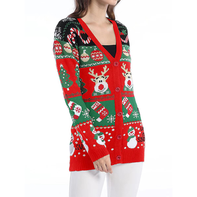 Women's Loose Knit Cardigan Sweater Coat Long Sleeve Christmas Crew Neck