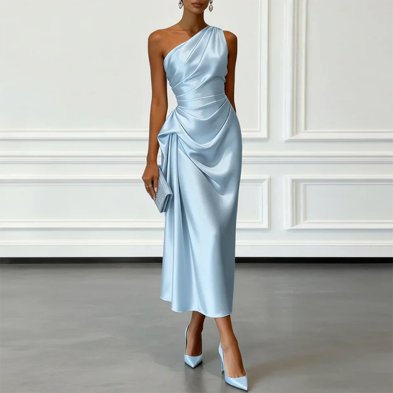 Women's Summer One-Shoulder Bodycon Dress Solid Color Waist-Defining French Style