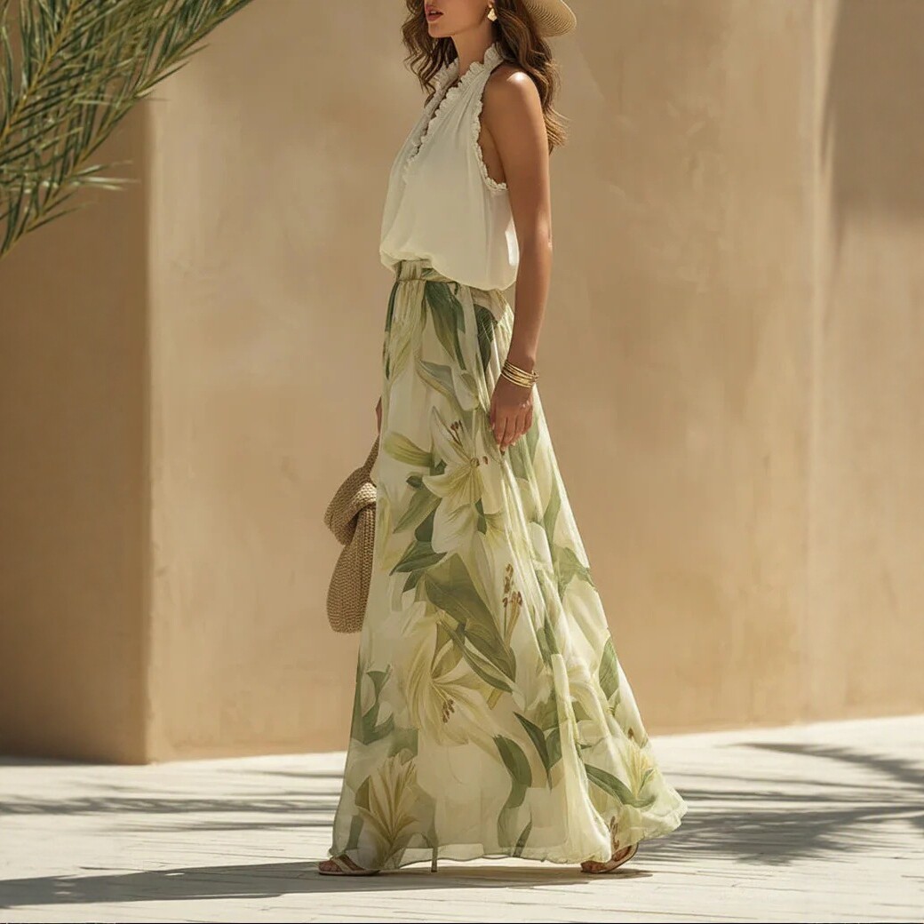 V-Neck Waist-Cinching Ruffle Dress