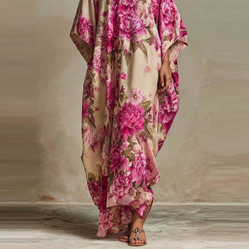 Women's Floral Print Loose Long Dress V-Neck Bohemian Maxi
