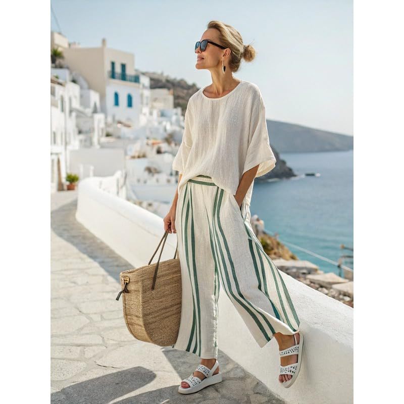 Bohemian Print Crewneck Short Sleeve Top and Pants Casual Set