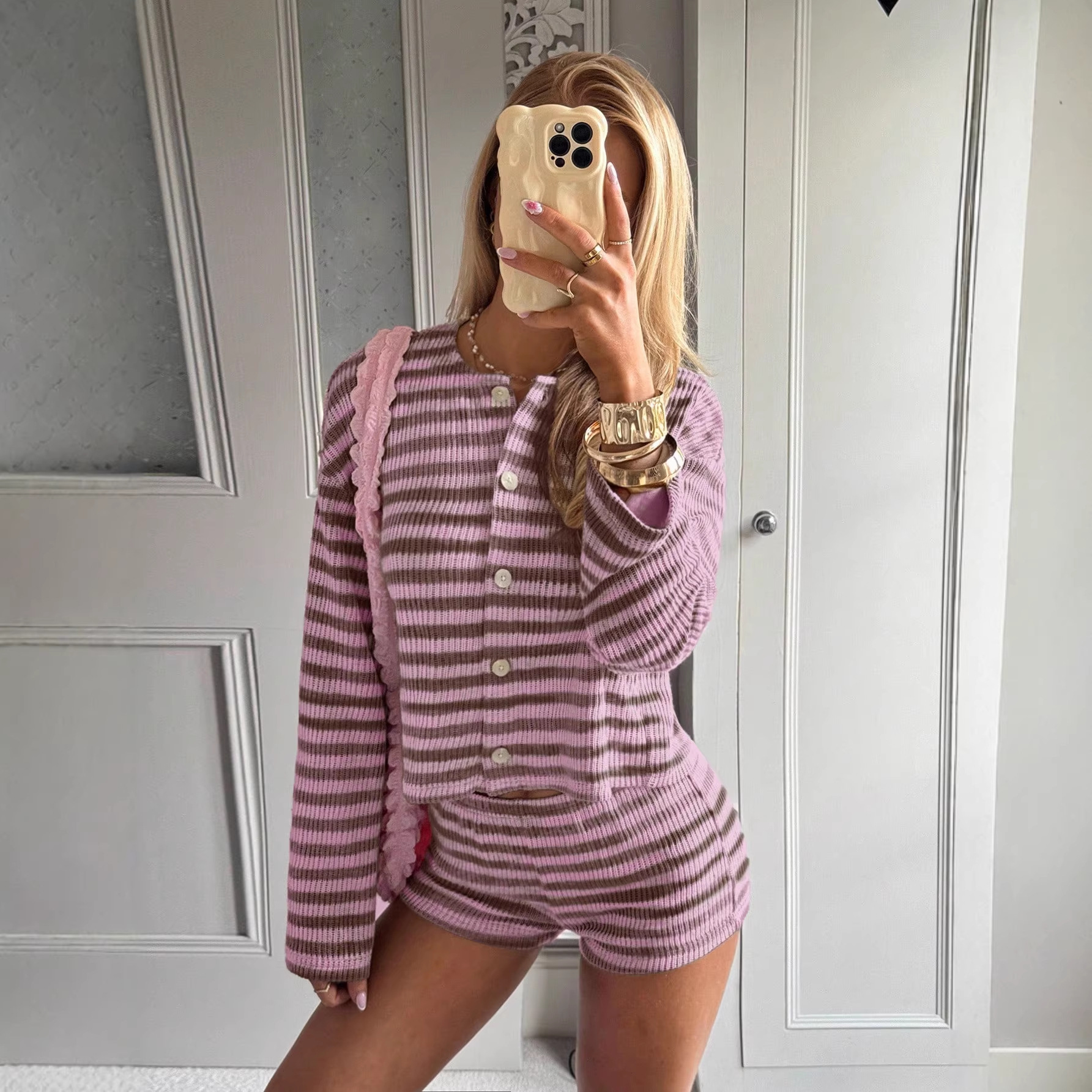 Women's Striped Two-Piece Lounge Set Short Sleeve & Shorts
