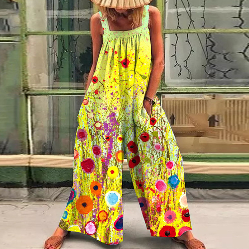 Plus Size Floral Print Loose Wide-Leg Jumpsuit with Straps