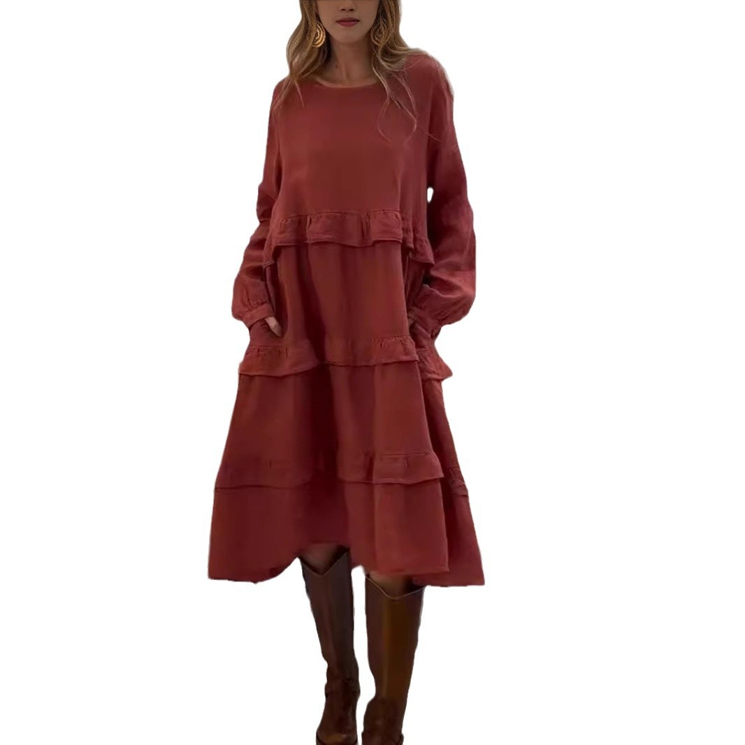 Women's Long Sleeve Ruffle Trim A-Line Dress with Pockets