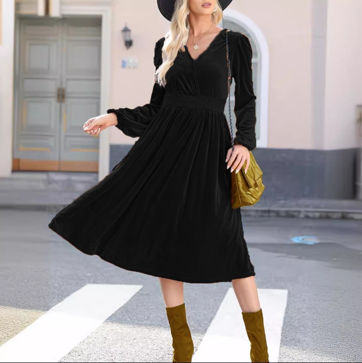 Solid Long Sleeve V-Neck Pleated High Waist A-Line Midi Dress