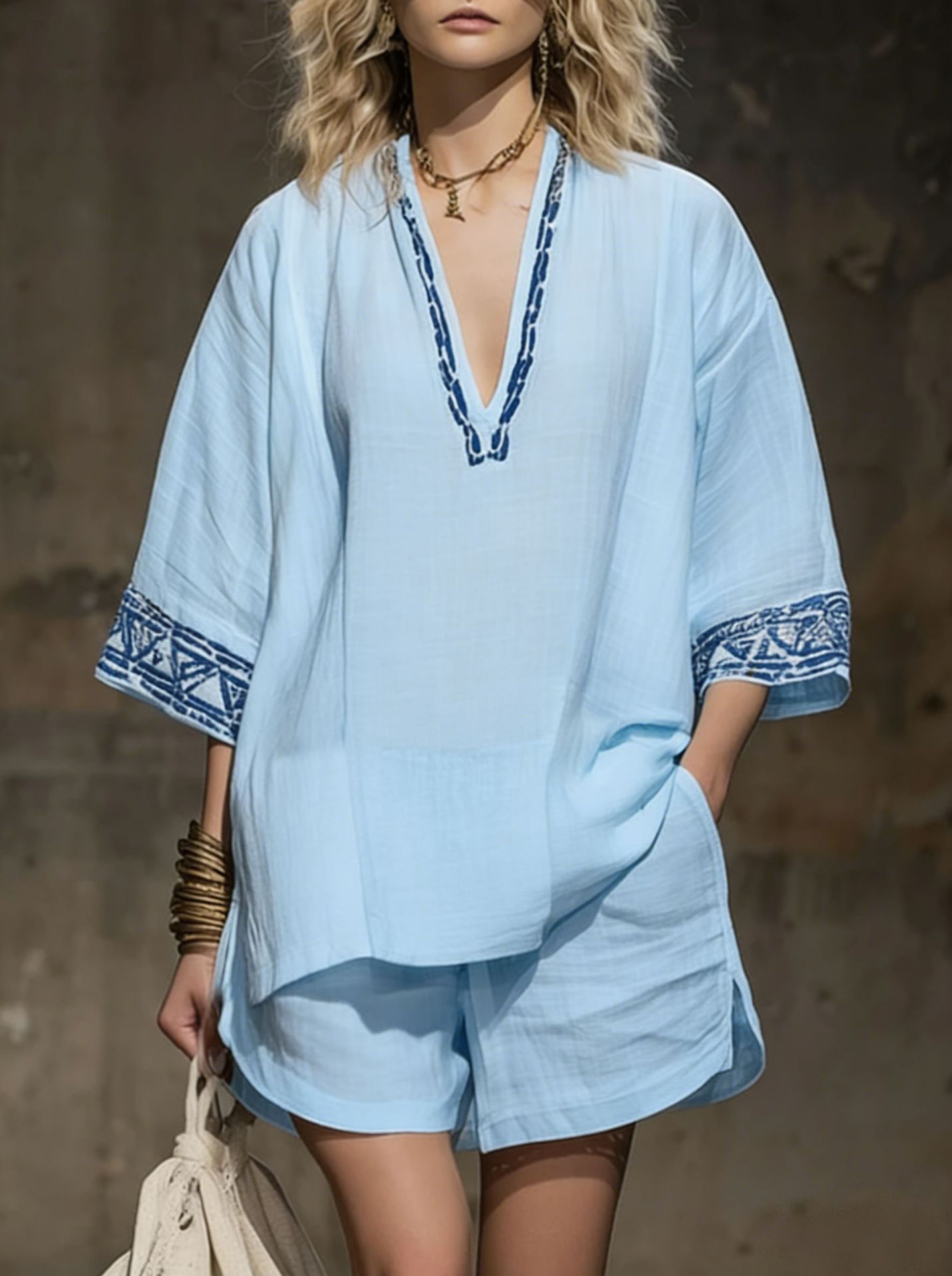 Bohemian Linen-Blend Printed V-Neck Short Sleeve Shorts Women's Set