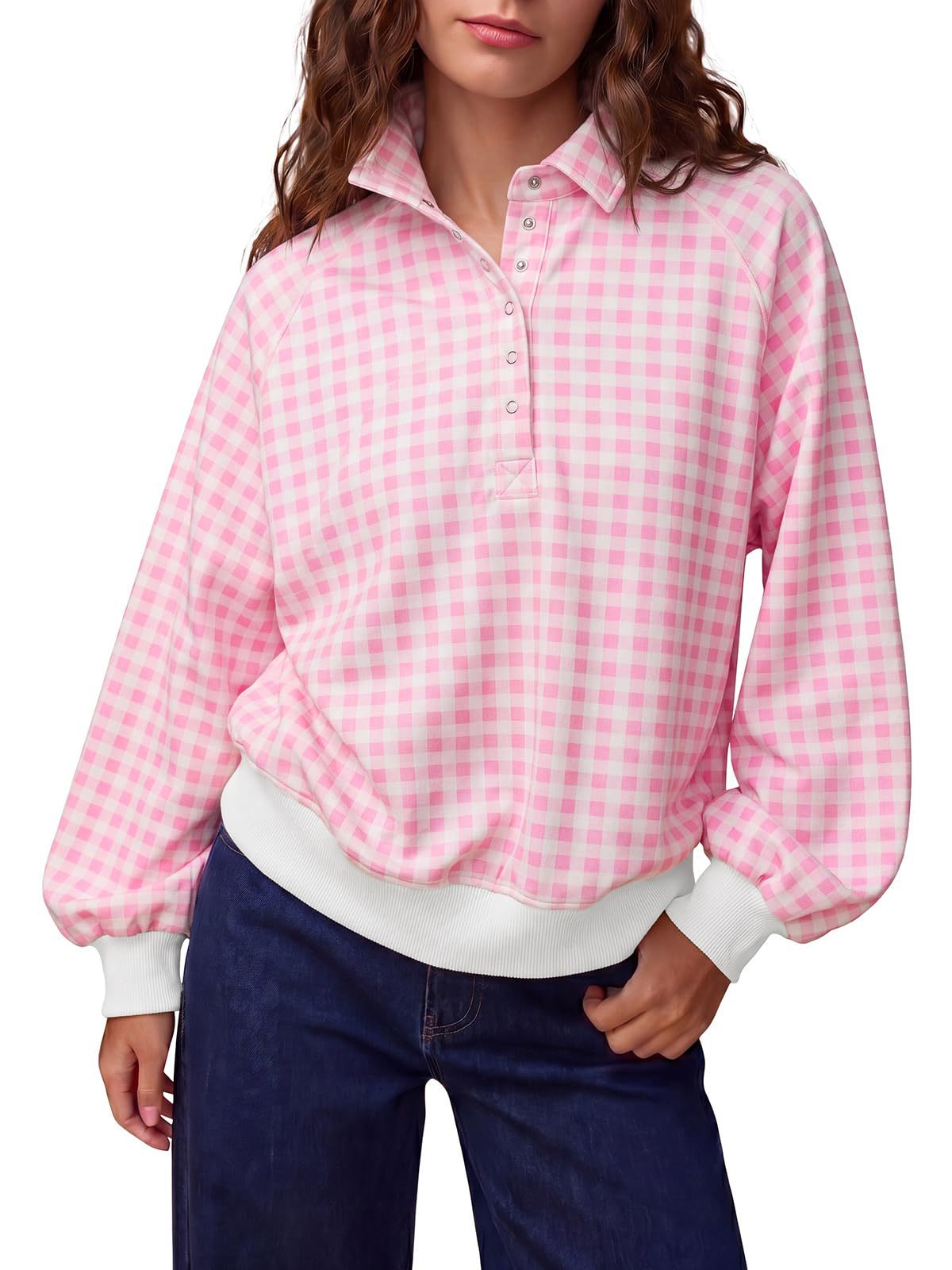 Women's Plaid Polo Neck Loose Long Sleeve Pullover Sweatshirt