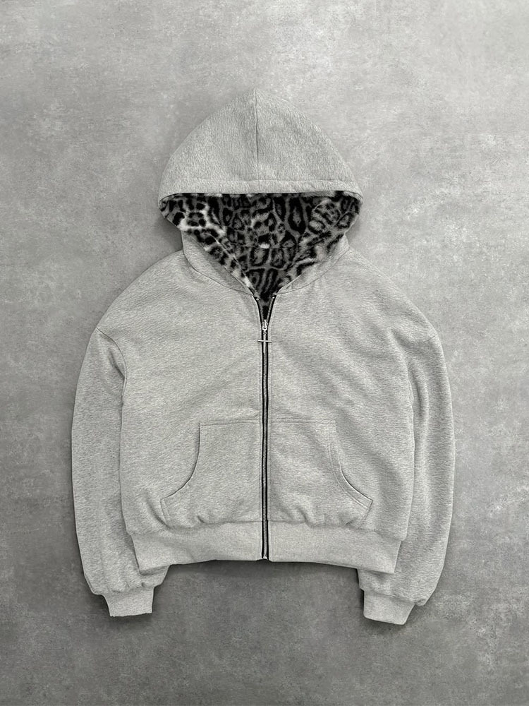 Reversible Leopard Print Zip Hoodie Oversized