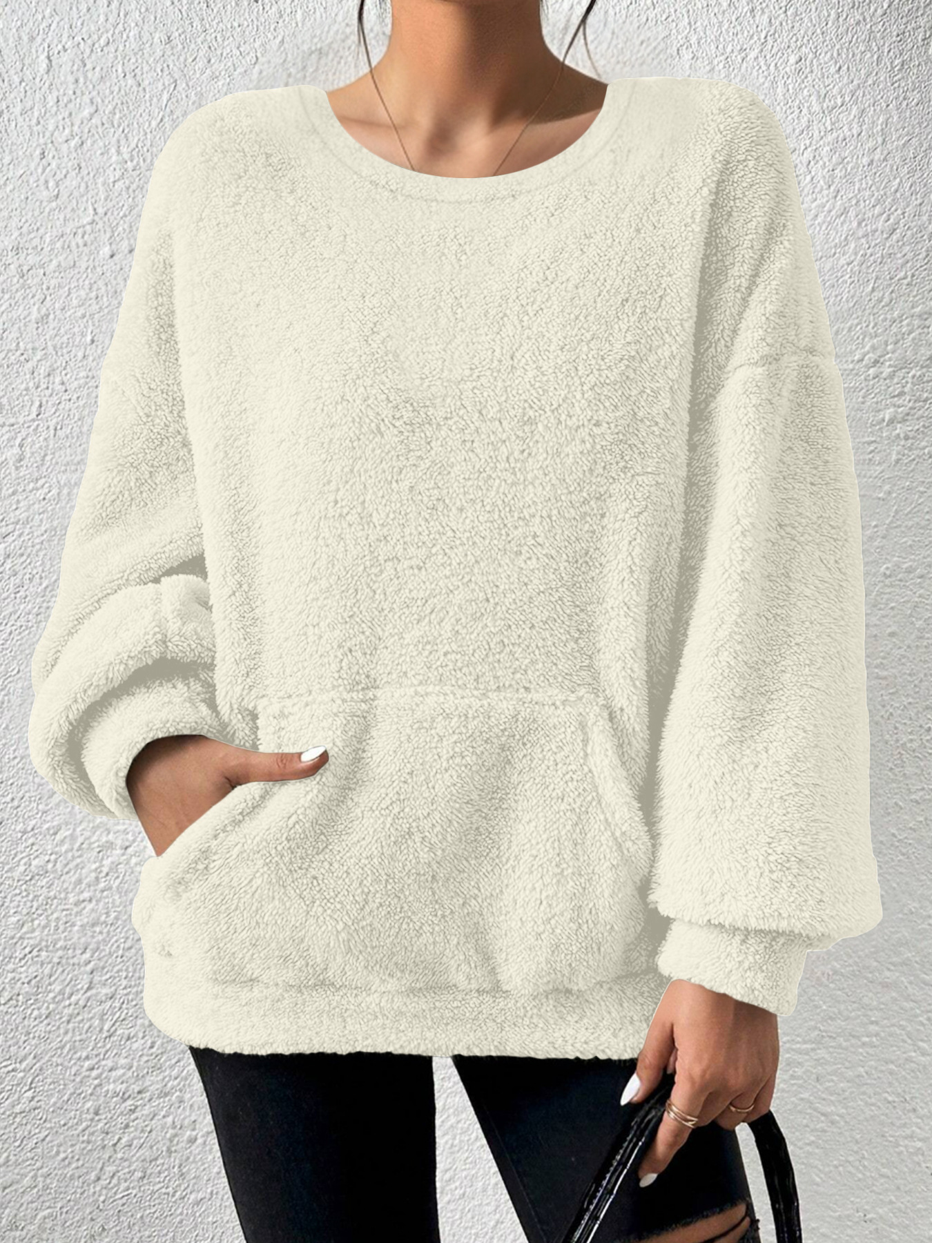 Solid Crewneck Long-Sleeve Pocket Pullover Sweatshirt