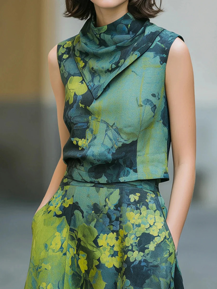 Green Print Sleeveless Two-Piece Skirt Set with Collar