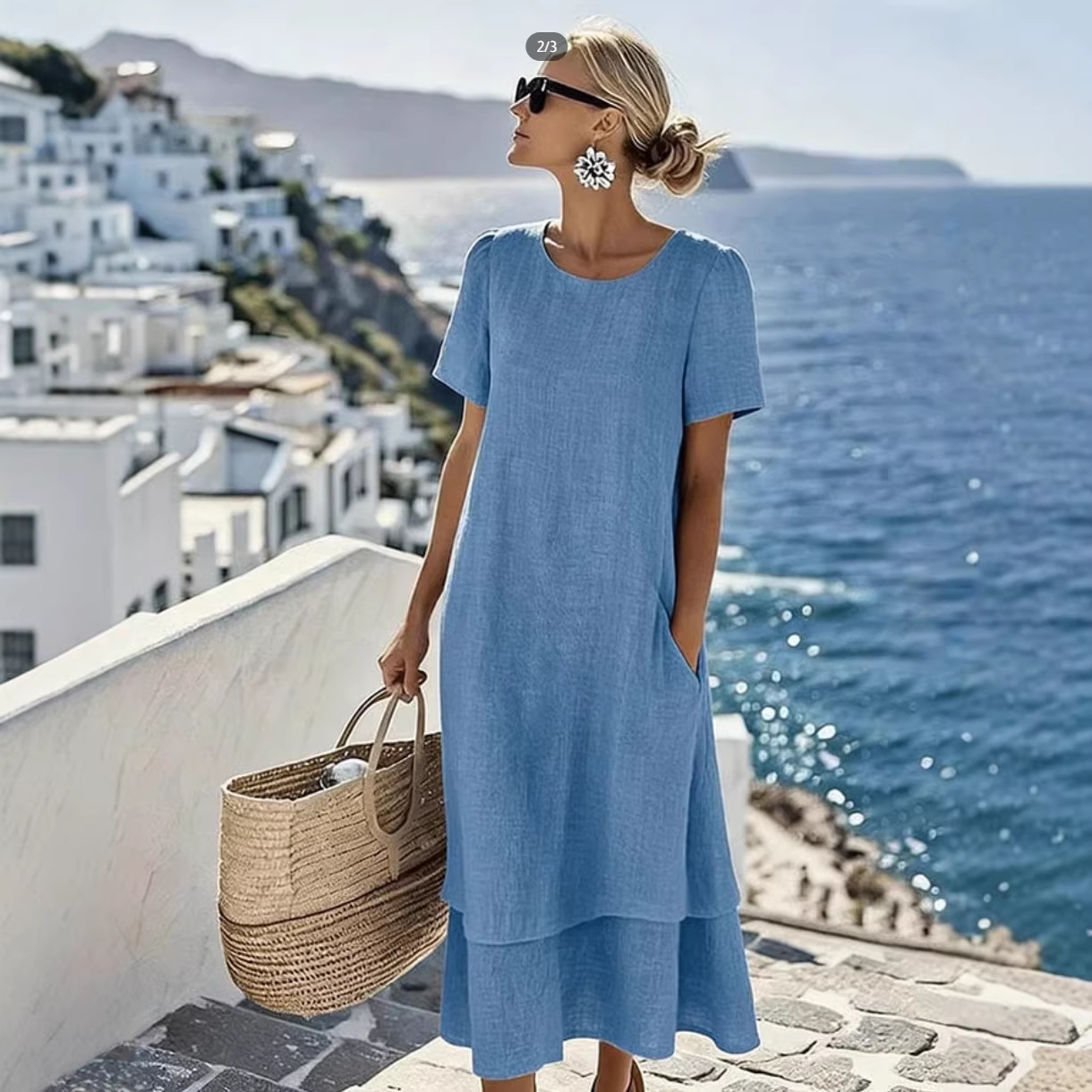 Women's Double-Layer Crew Neck Short Sleeve Midi Dress