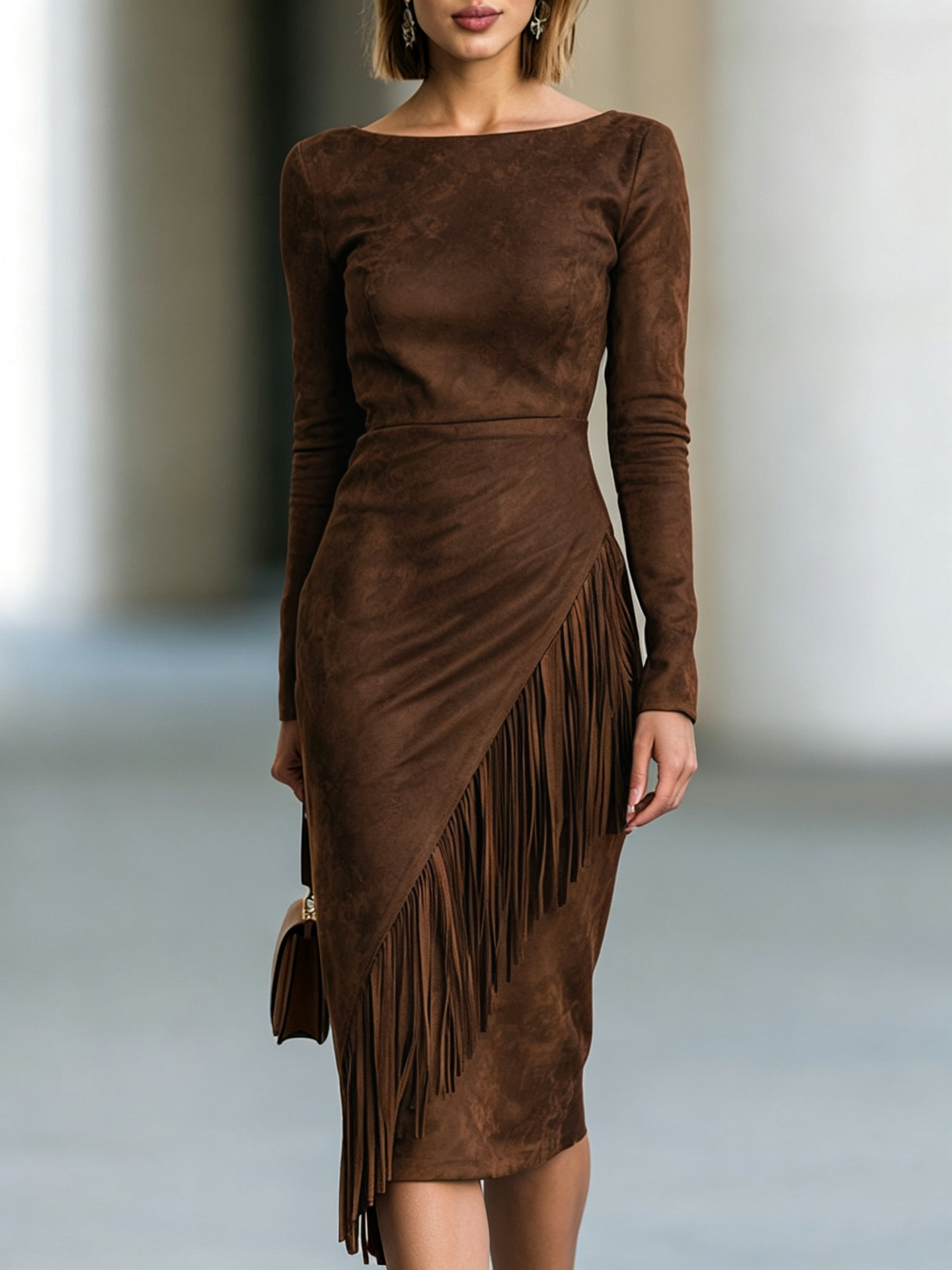 Bohemian Faux Suede Fringe Patchwork Long Dress