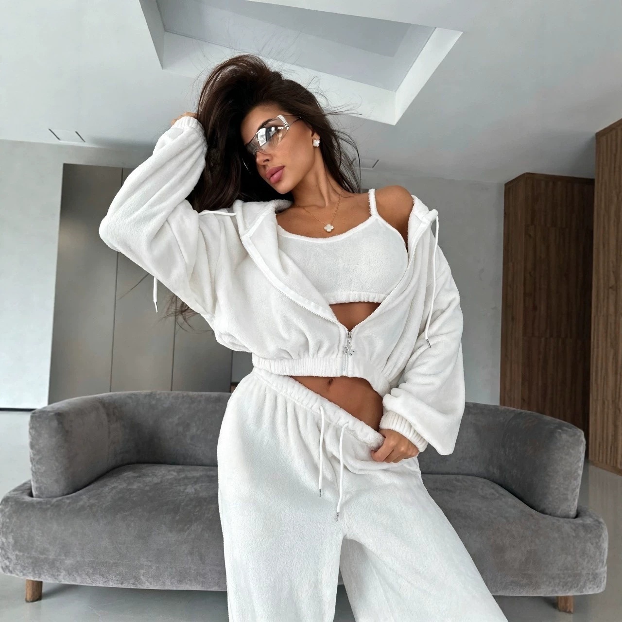 Soft Fleece Hooded Jacket & Drawstring High-Waist Wide-Leg Pants Set