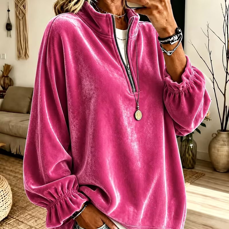 Women's Casual Zip-Up Loose Sweatshirt with Turn-Down Collar