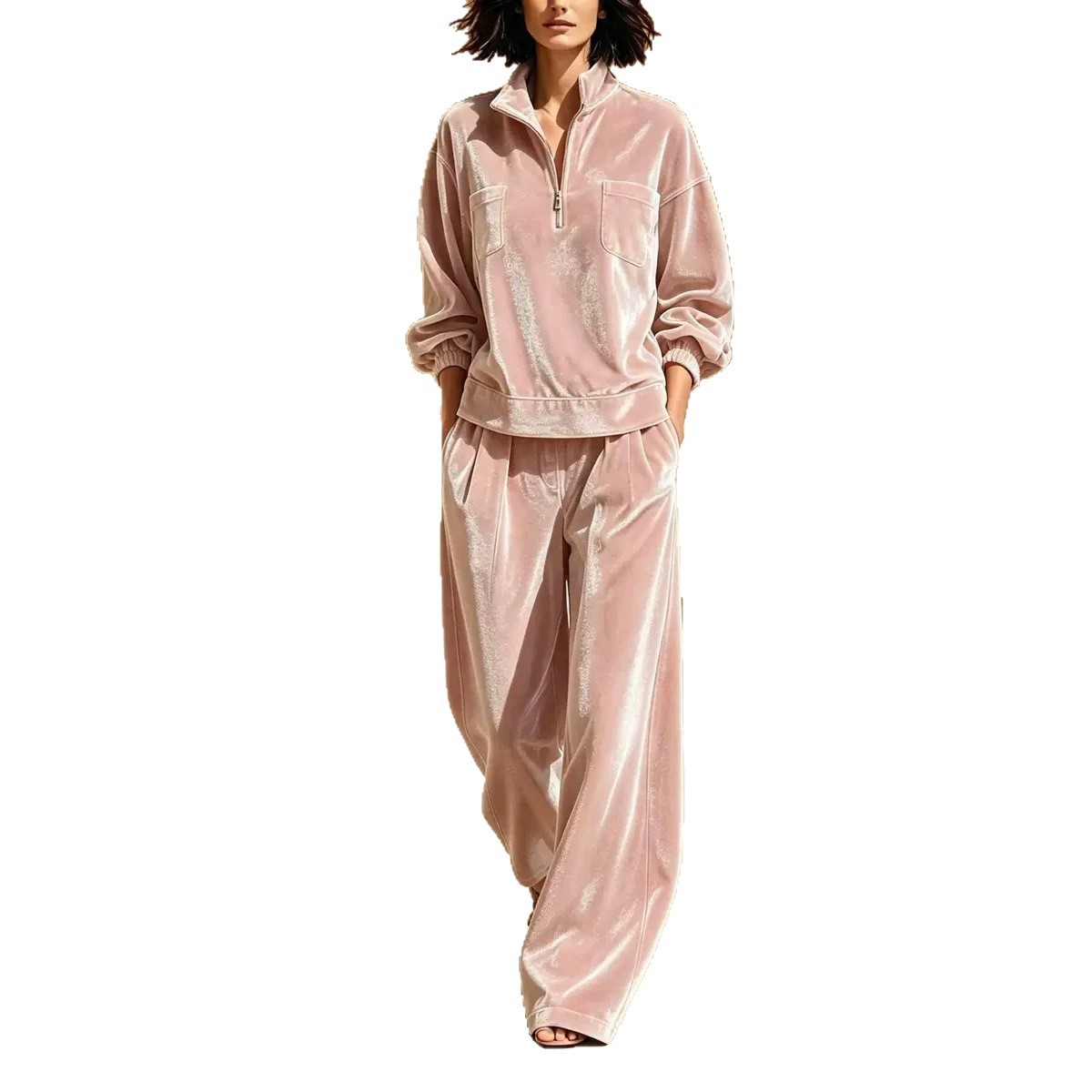 Velvet Lounge Set for Women Long Sleeve Half-Zip Top and Wide-Leg Pants Two-Piece