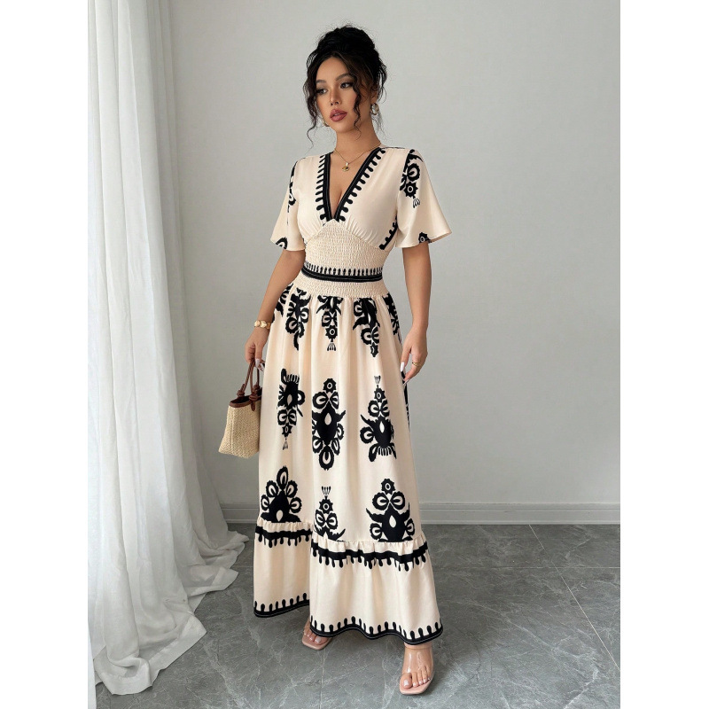 V-Neck Floral Print Ruched Waist A-Line Long Dress