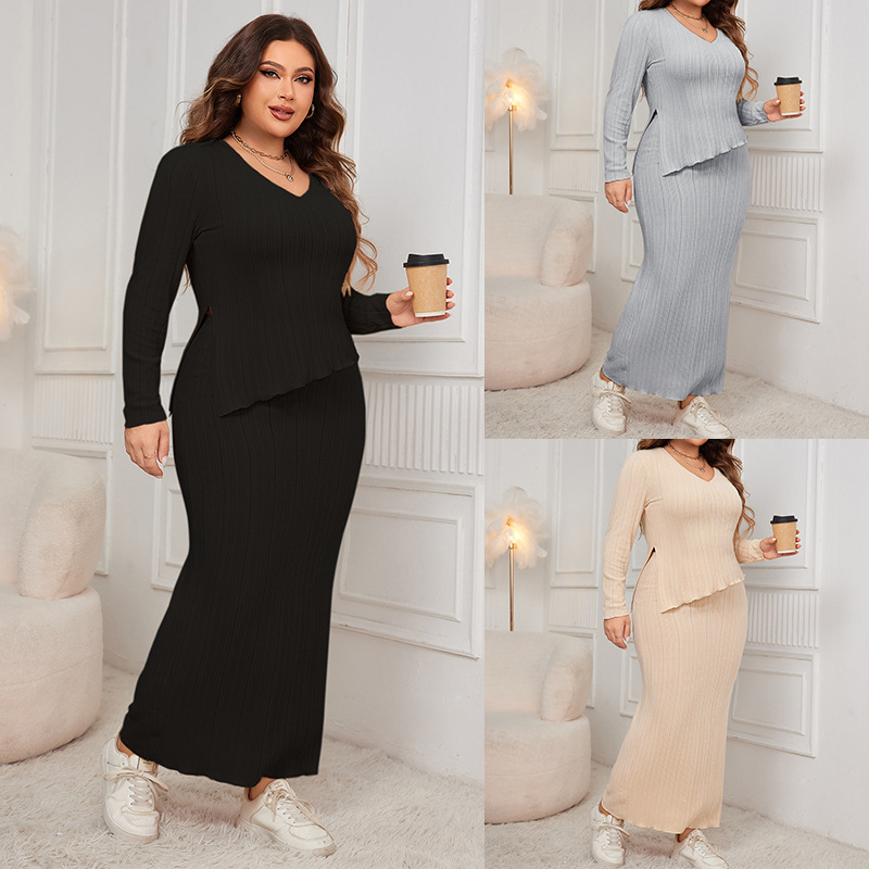 Women's Plus Size Long Sleeve Asymmetric Hem Bodycon Skirt Set