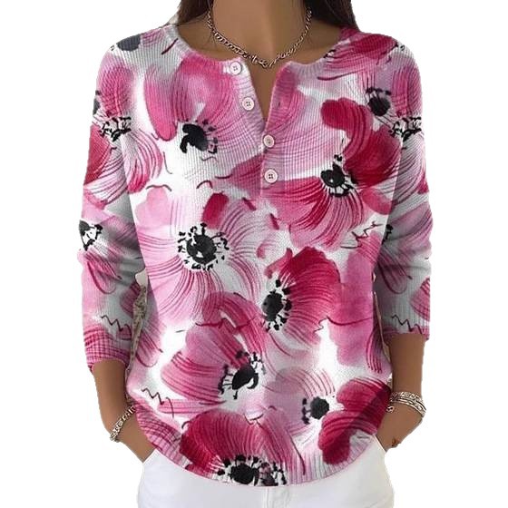Button Long Sleeve Sweatshirt with 3D Print Casual Pullover