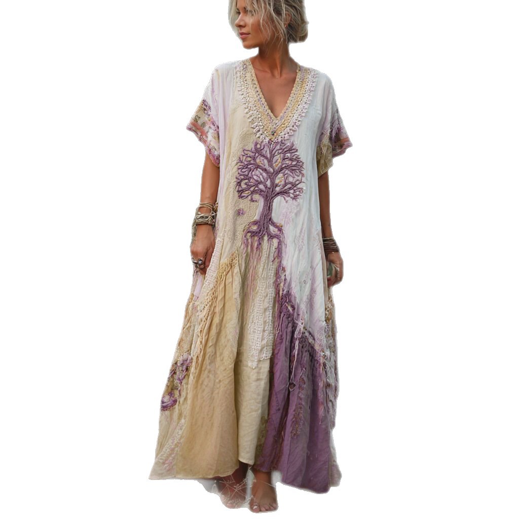 Women's Floral Print Ruched Midi Dress Short Sleeve V-Neck