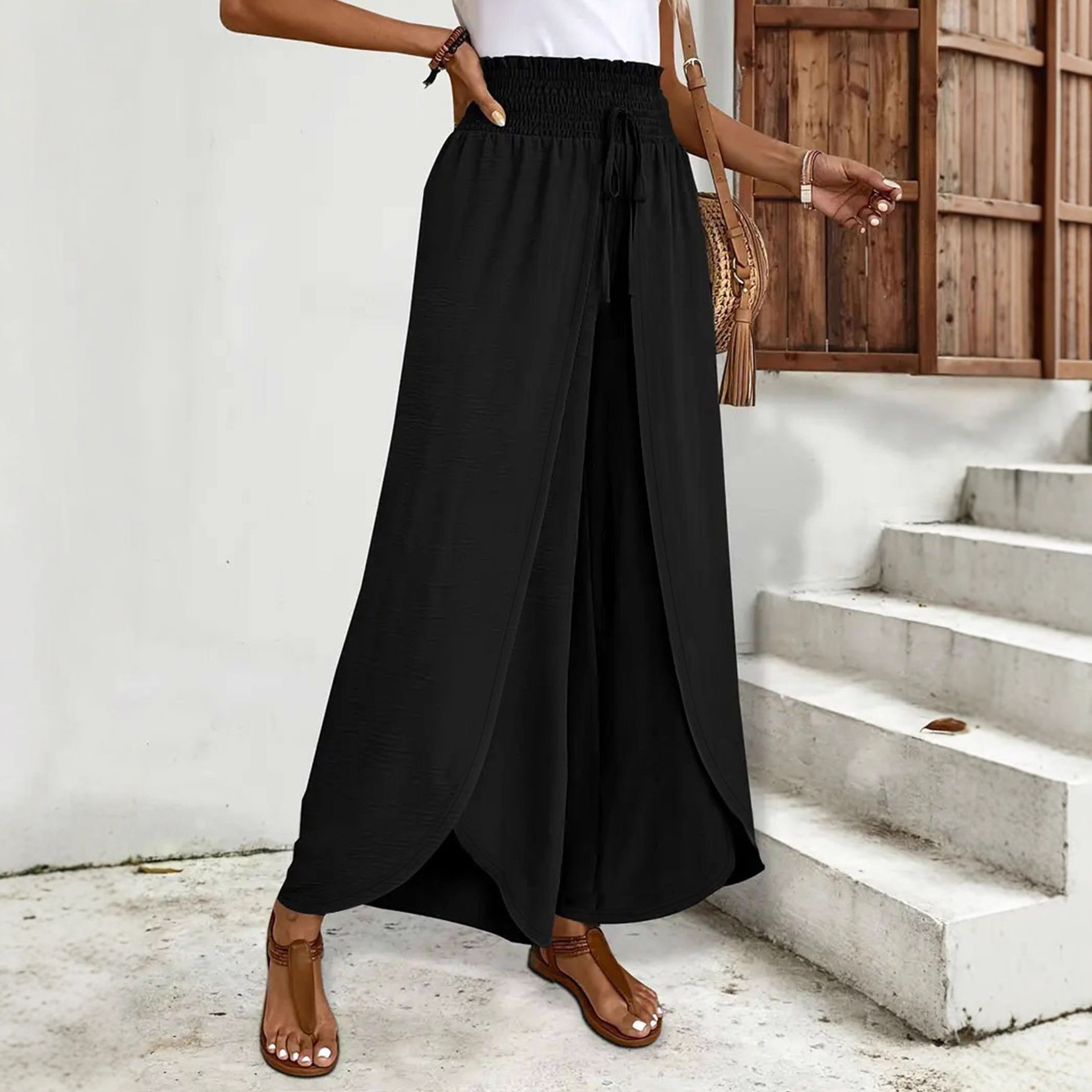 Elegant Split Wide-Leg Pants Lightweight Breathable Black