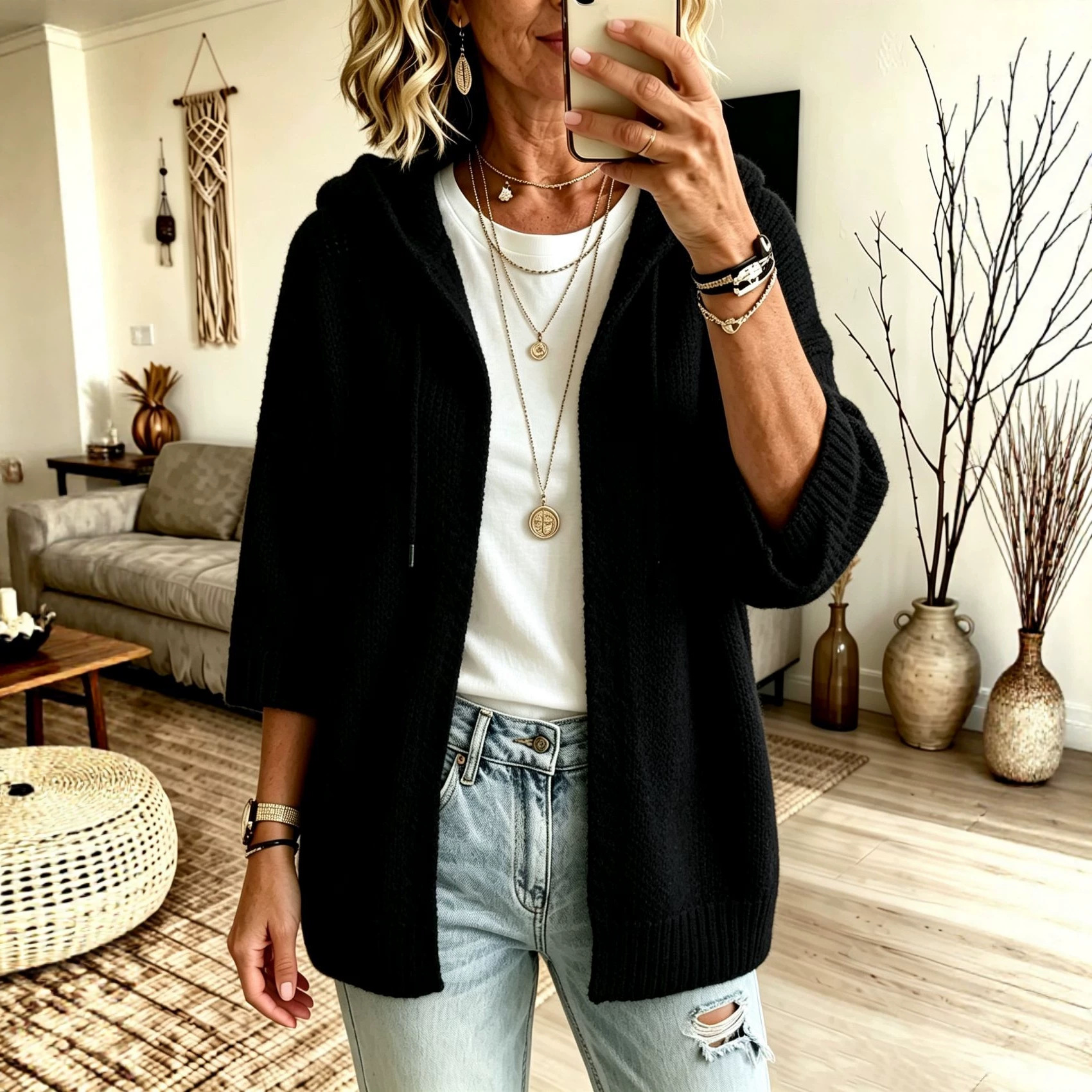 Women's 3/4 Sleeve Hooded Open-Front Knit Cardigan Solid Color Plus Size