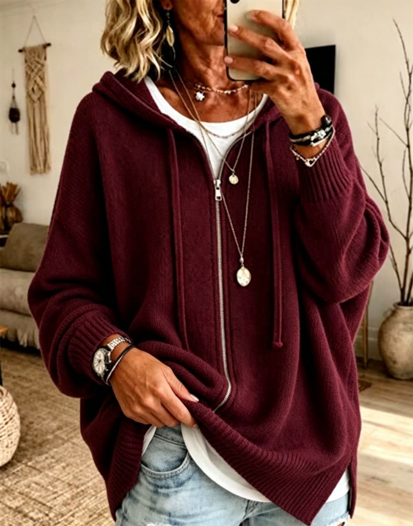 Women's Zip-Up Hooded Knit Cardigan Sweater