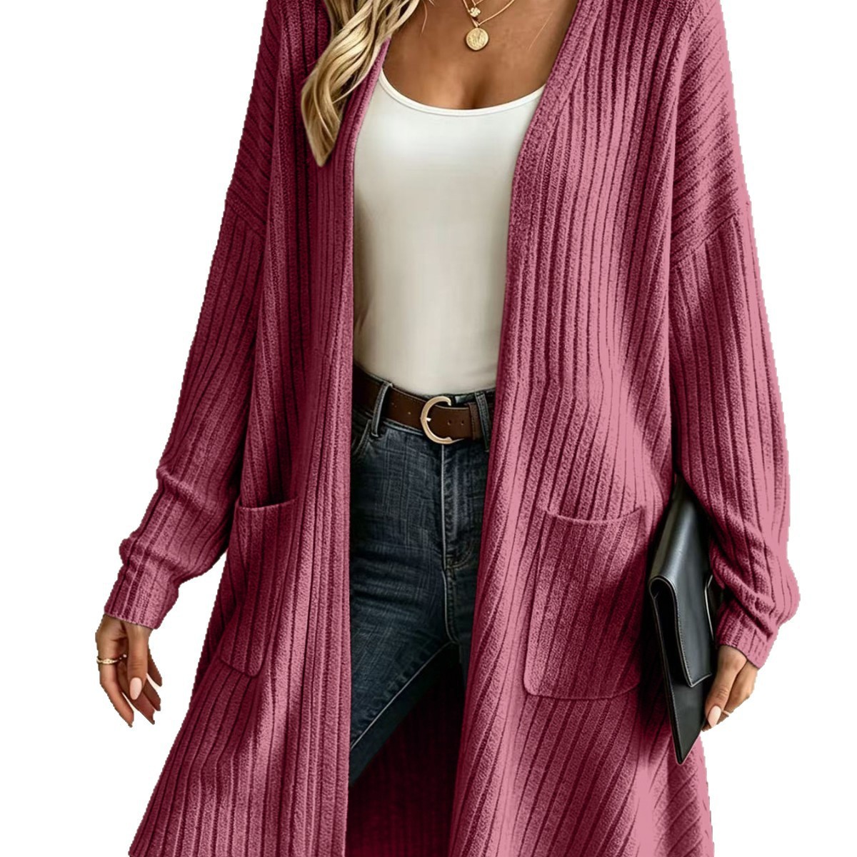Ribbed Knit Cardigan Solid Color Casual Outerwear