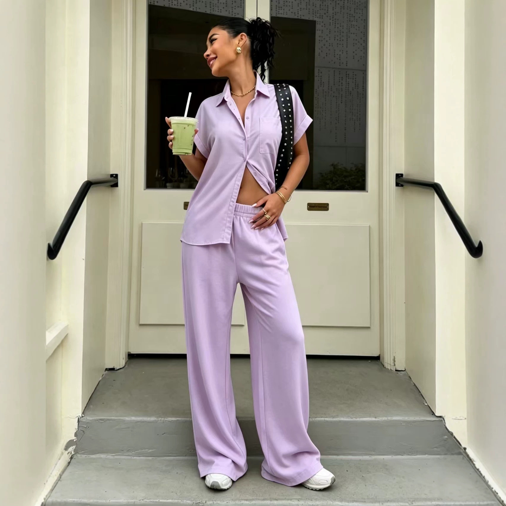 Women's Collared Short Sleeve Button Shirt & High Waist Wide Leg Pants Set