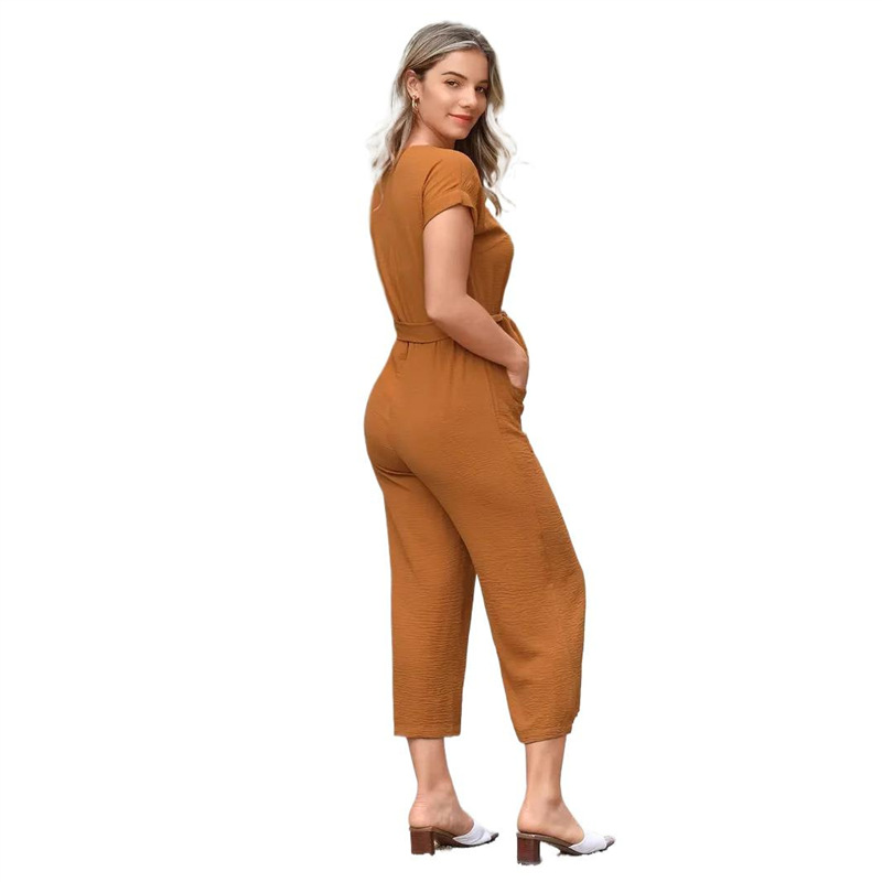 Women's V-Neck Short Sleeve Belted Jumpsuit