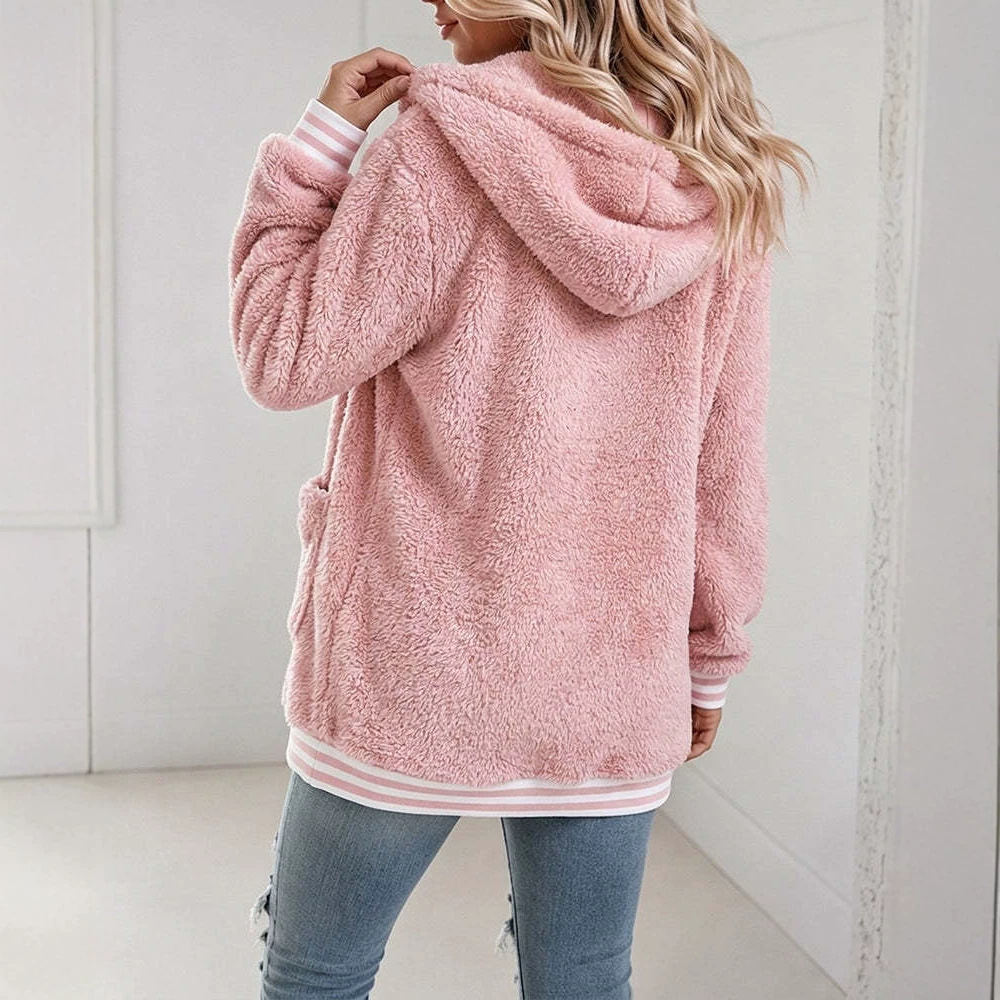 Women's Sherpa Fleece Hooded Jacket Striped Trim