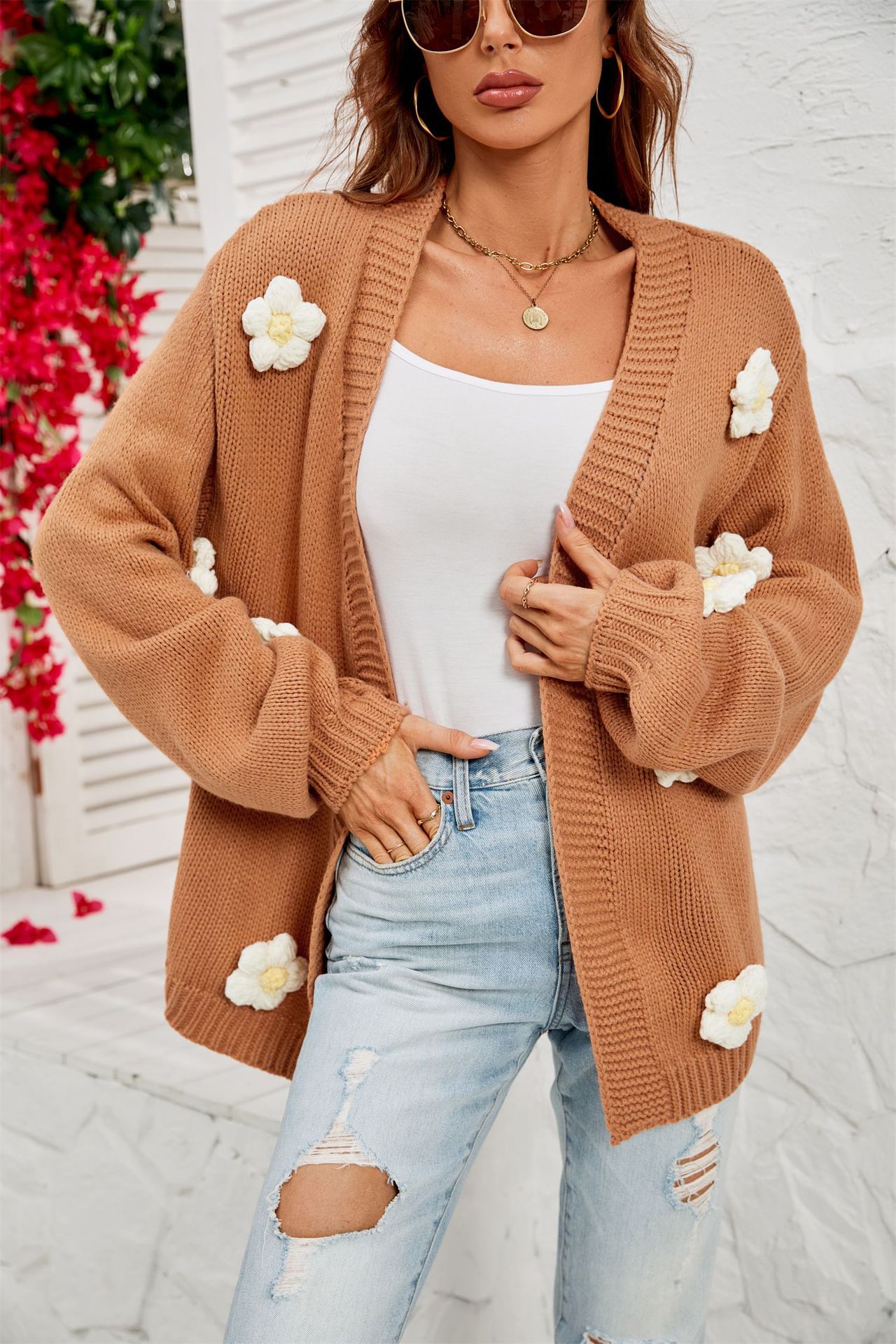 Floral Open-Front Cardigan with Lantern Sleeves