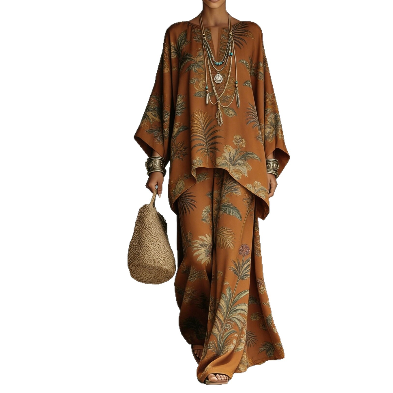 Printed Round Neck Top and Wide-Leg Pants Casual Two-Piece Set