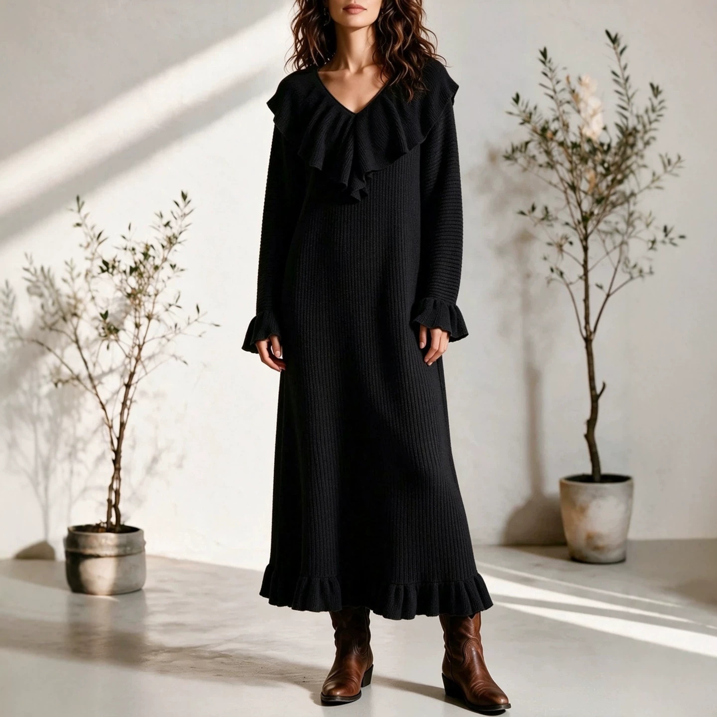 Women's French Style Ruffle Long Sleeve Knit Dress