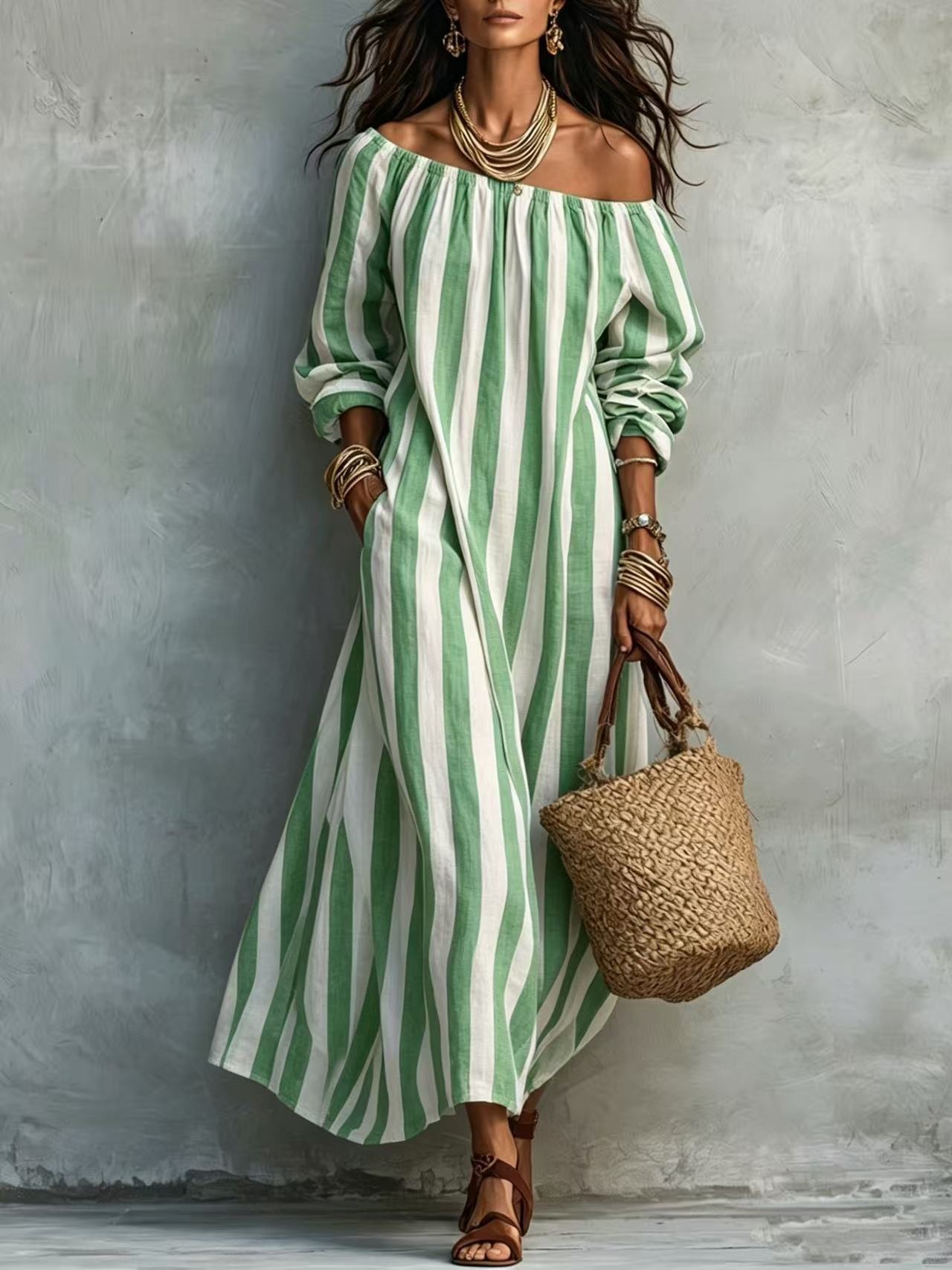 Striped Off-Shoulder Long-Sleeve Maxi Dress