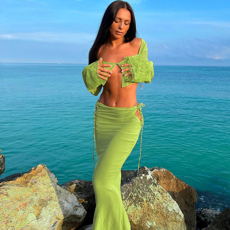 Women's Long Sleeve Openwork Lace-Up Top and Long Skirt Set