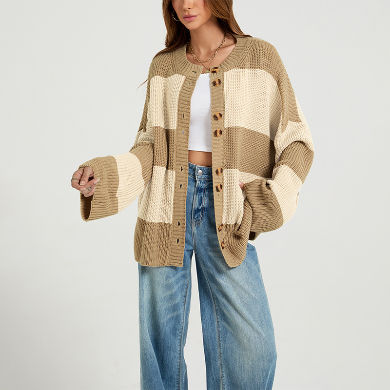 Striped Color-Block Knit Cardigan Sweater Coat