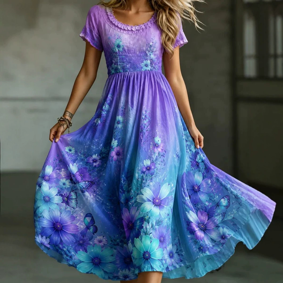 Women's Floral Print Ruched Midi Dress Crew Neck Half Sleeve