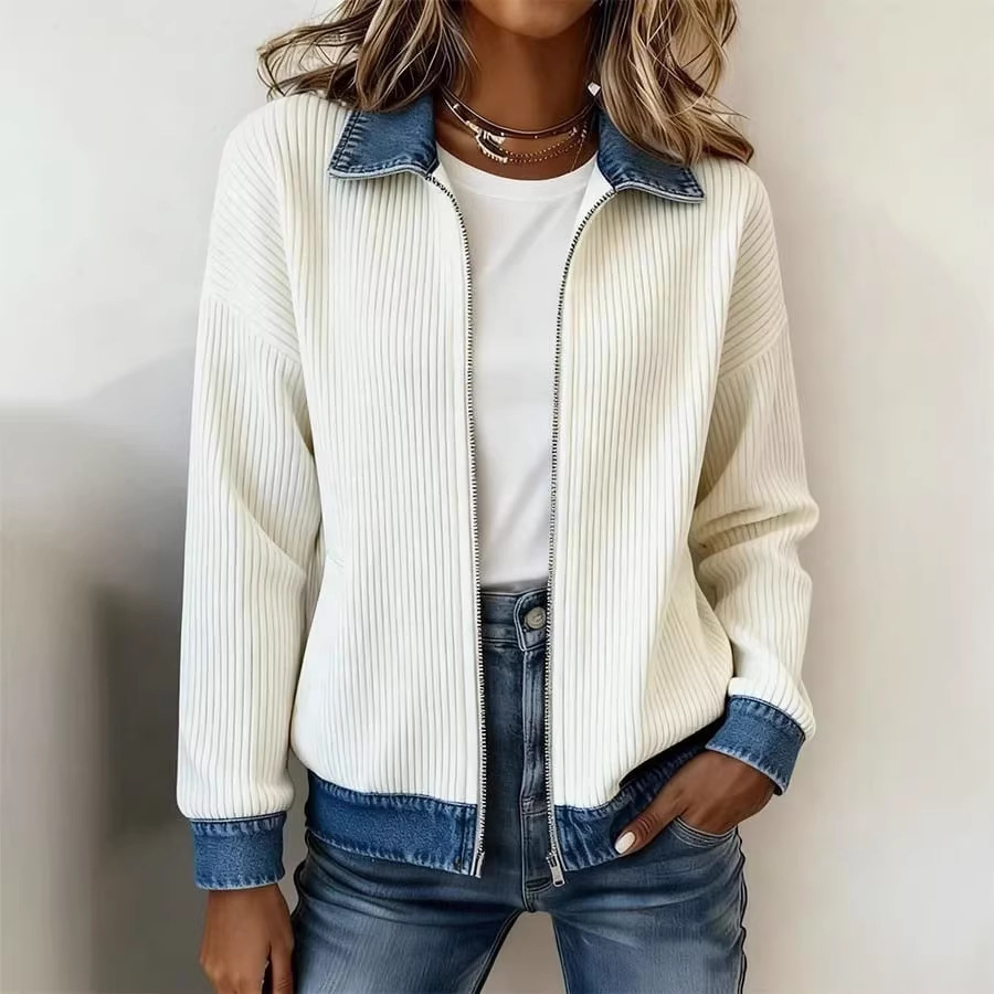 Women's Knit Spliced Denim Shirt Jacket Long Sleeve Open Front