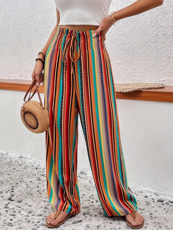 Women's Striped Wide-Leg Casual Pants with Elastic Waist