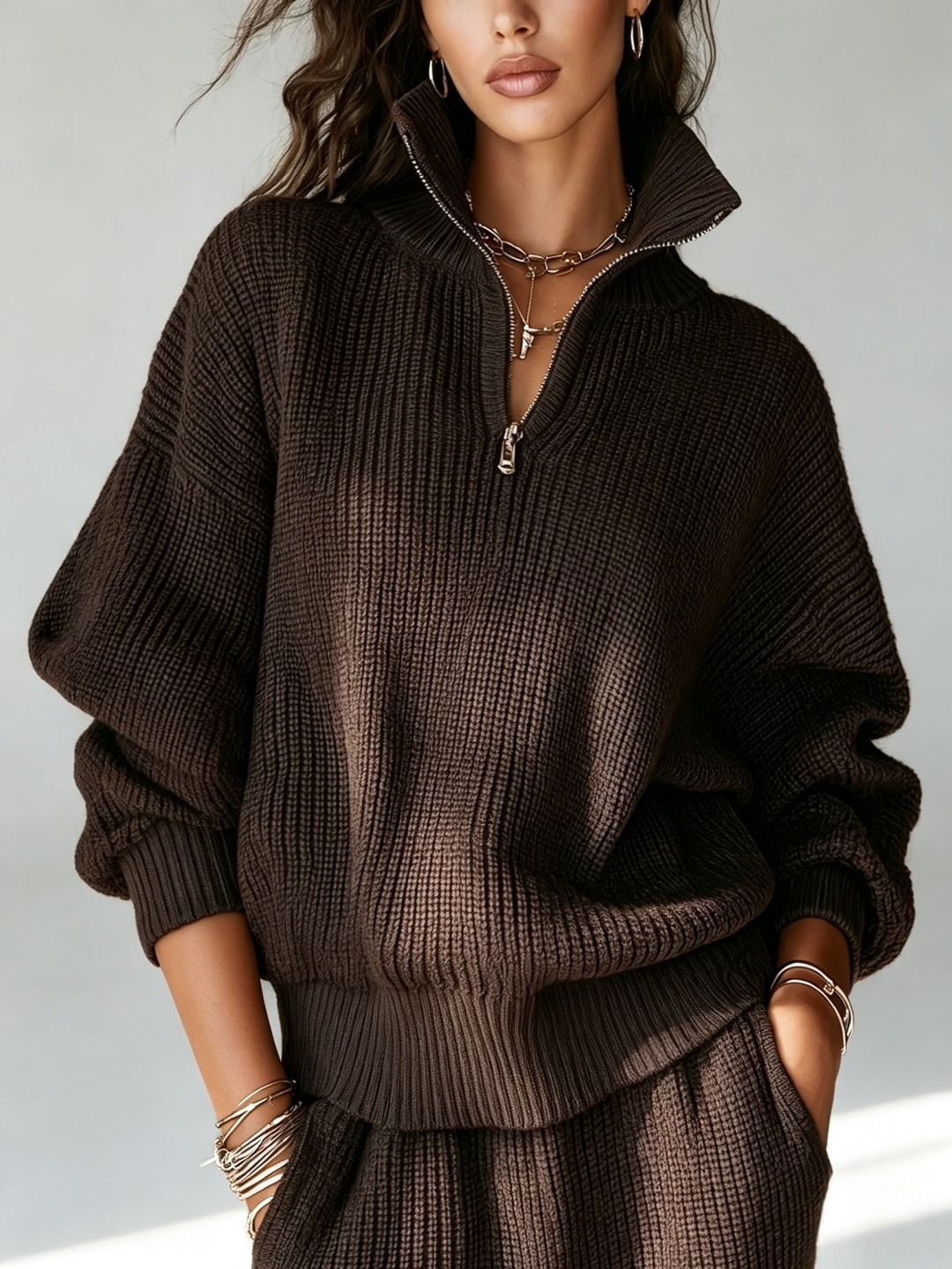 Women's Half-Zip Stand Collar Pullover Knit Sweater