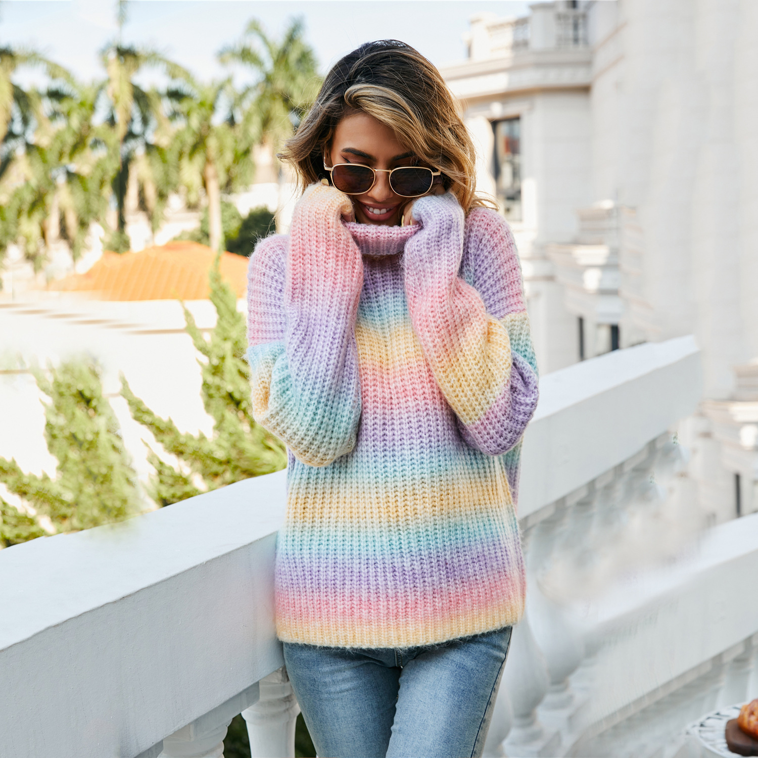 Rainbow Mock Neck Pullover Sweater for Women Plus Size