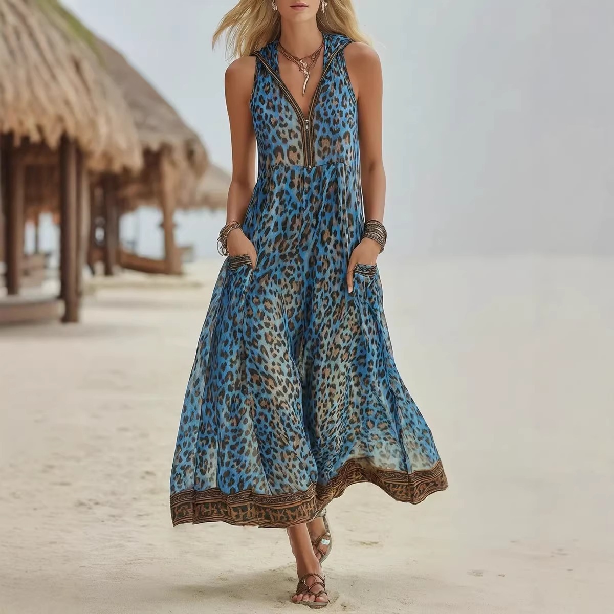 Women's Sleeveless V-Neck Leopard Print Hooded Midi Dress