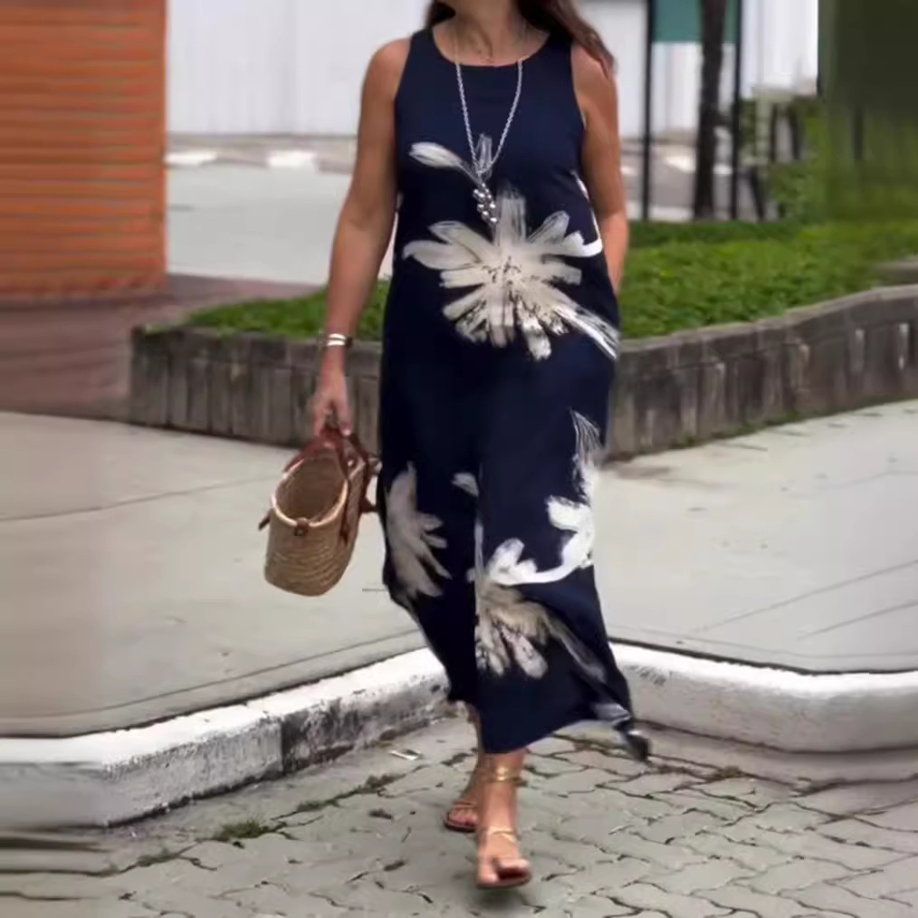 Floral Print Round Neck Sleeveless Pocket Maxi Dress