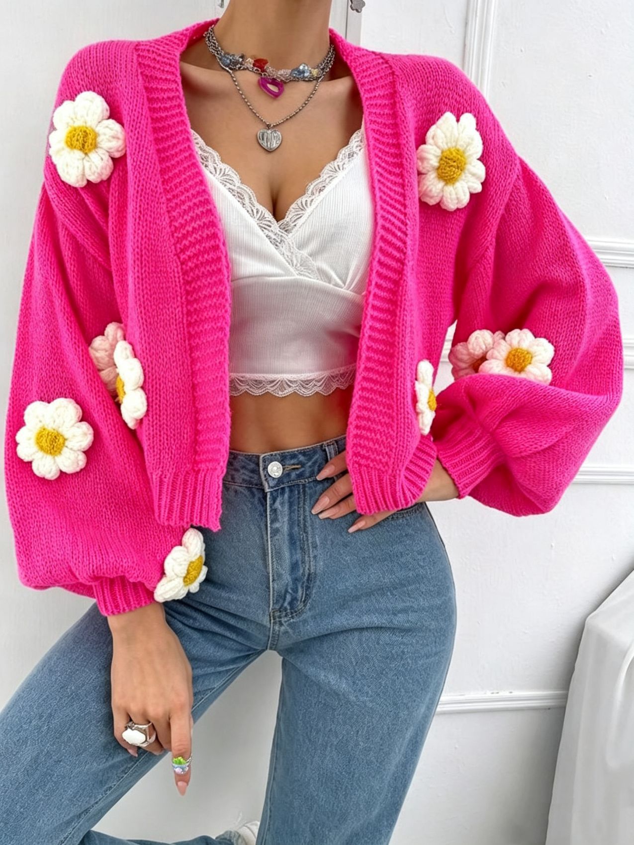 Women's Crochet Floral Spliced Button Cardigan Sweater