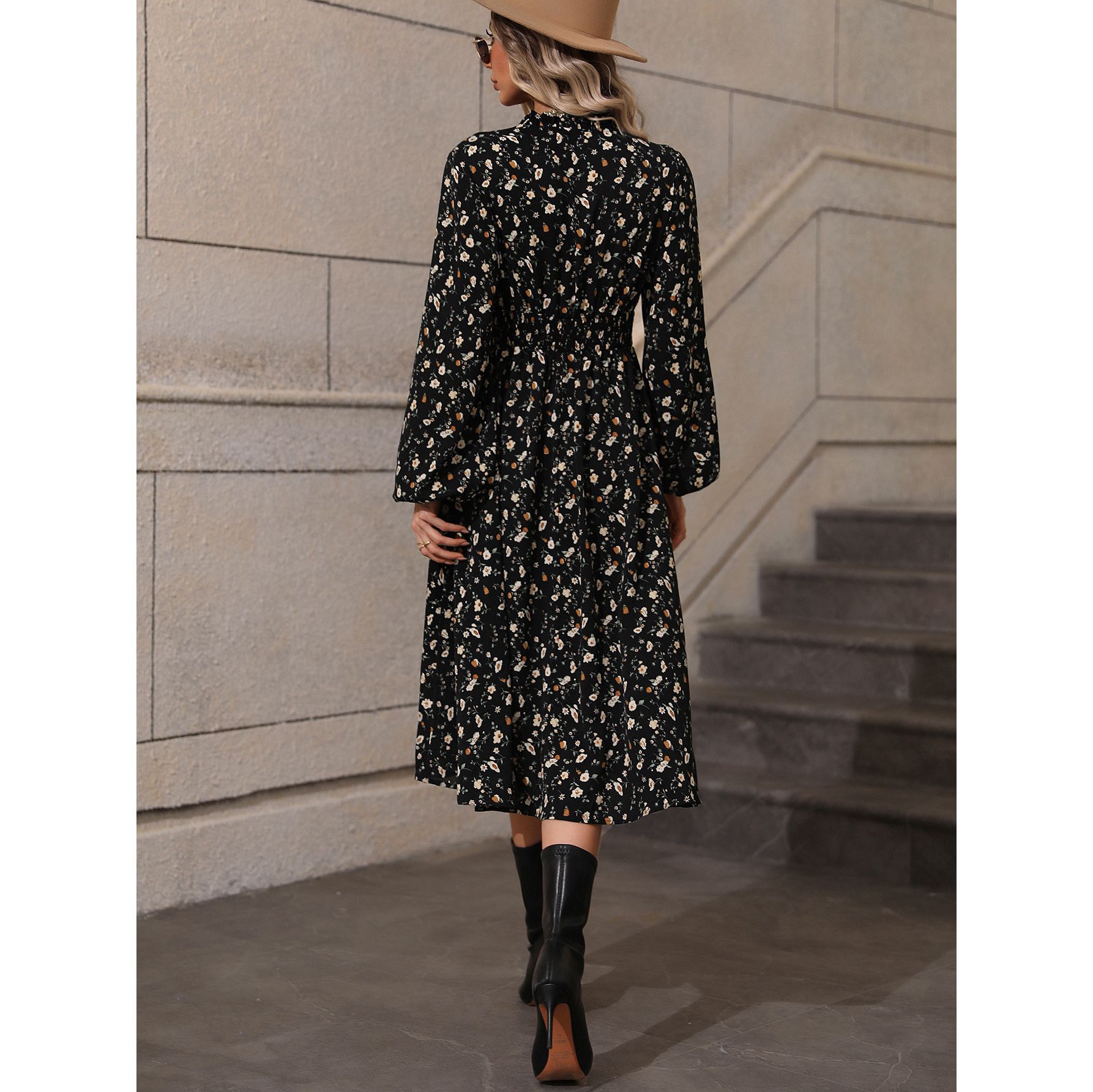 Women's V-Neck Long Sleeve Polka Dot Midi Dress High Waist Slimming