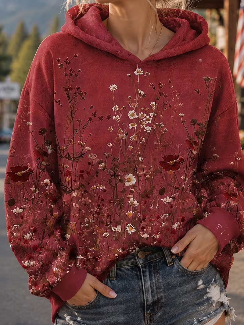 Women's Floral Print Casual Hoodie Long Sleeve Crewneck