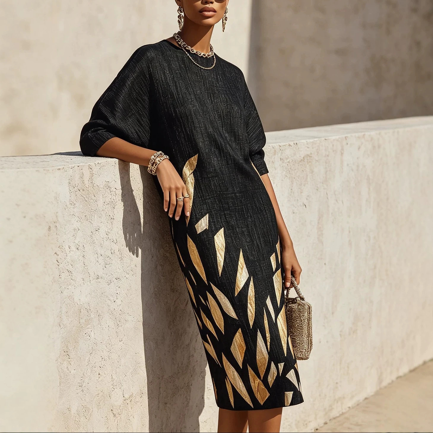 Black & Gold Geometric Print Crew Neck Midi Dress with Pockets