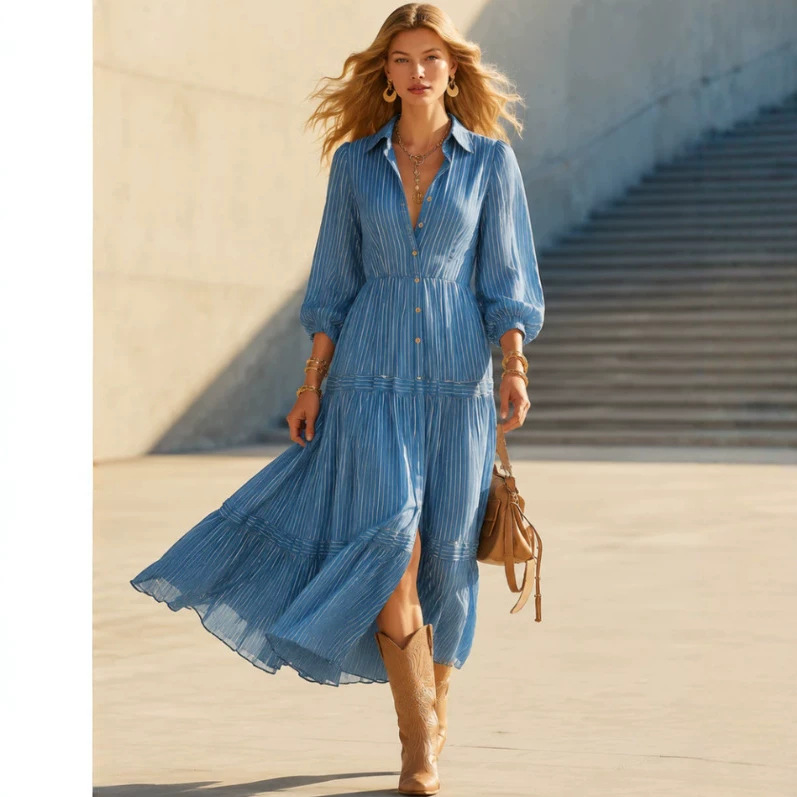 Blue Striped Long Shirt Dress Casual High Waist