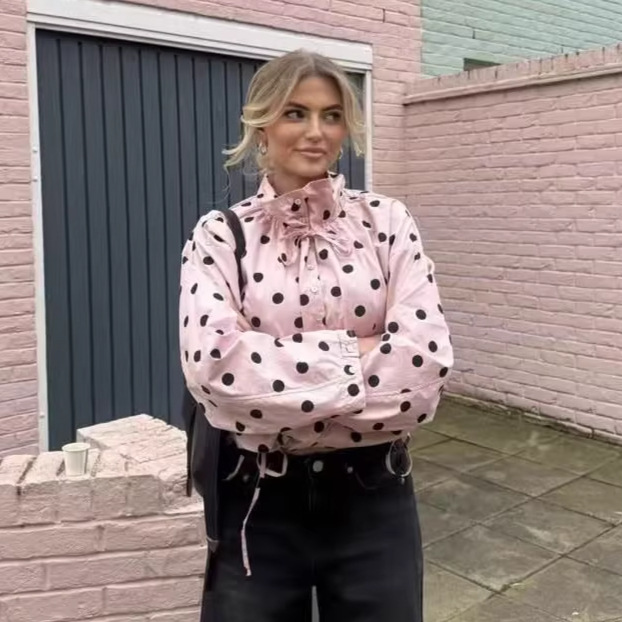 Women's Polka Dot Stand Collar Long Sleeve Casual Jacket